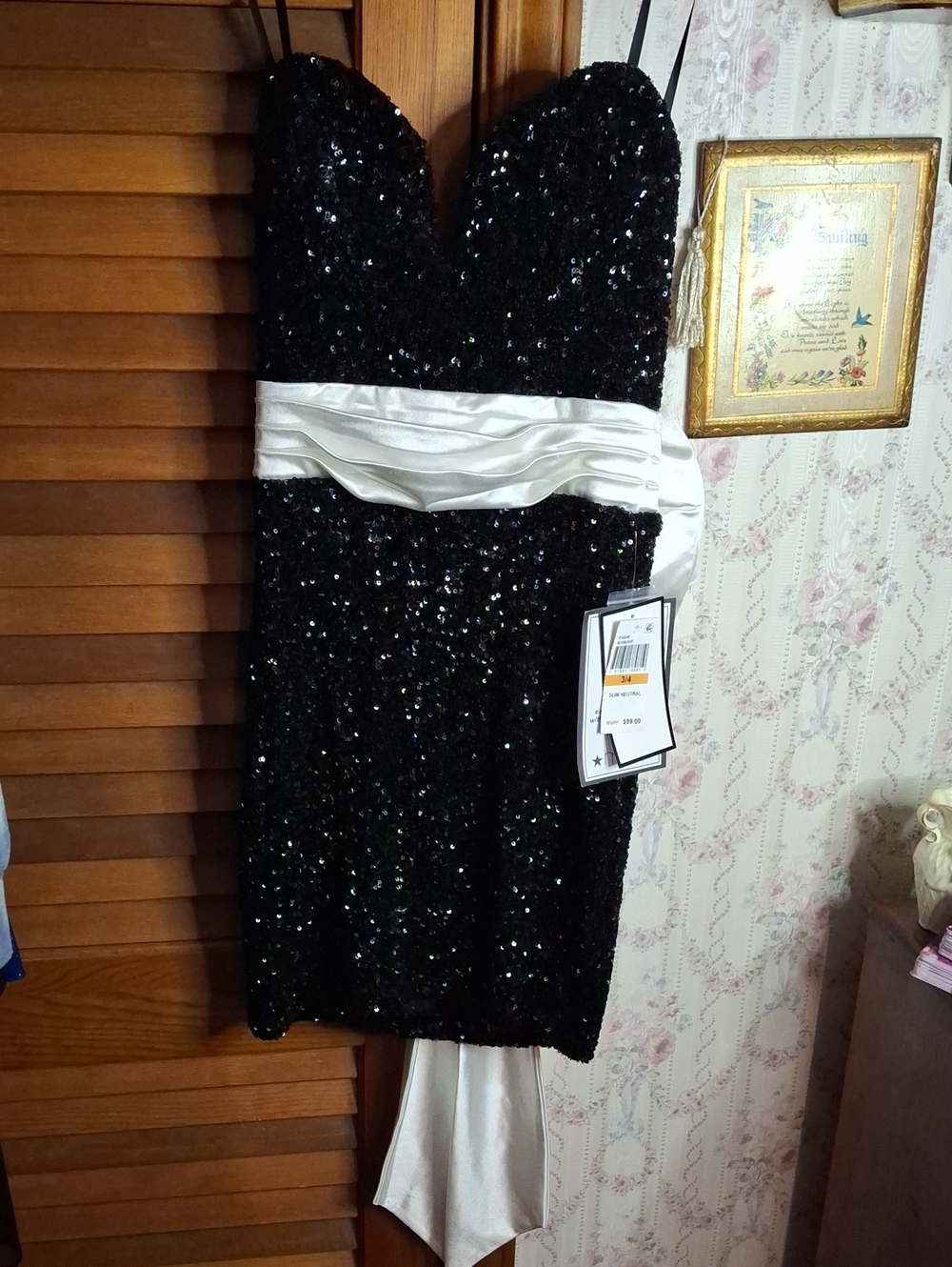 Alex & Sophia Slim 3/4 Black Sequin Lined Dress Removable Satiny Bow NWT